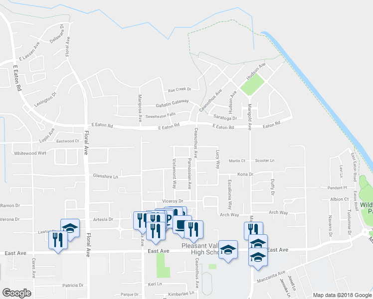 map of restaurants, bars, coffee shops, grocery stores, and more near 1393 Lucy Way in Chico