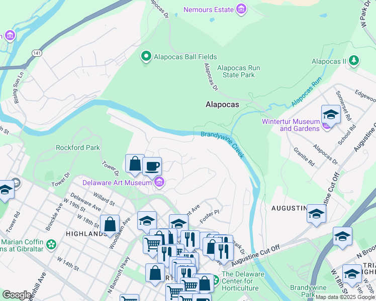 map of restaurants, bars, coffee shops, grocery stores, and more near 14 Hill Road in Wilmington