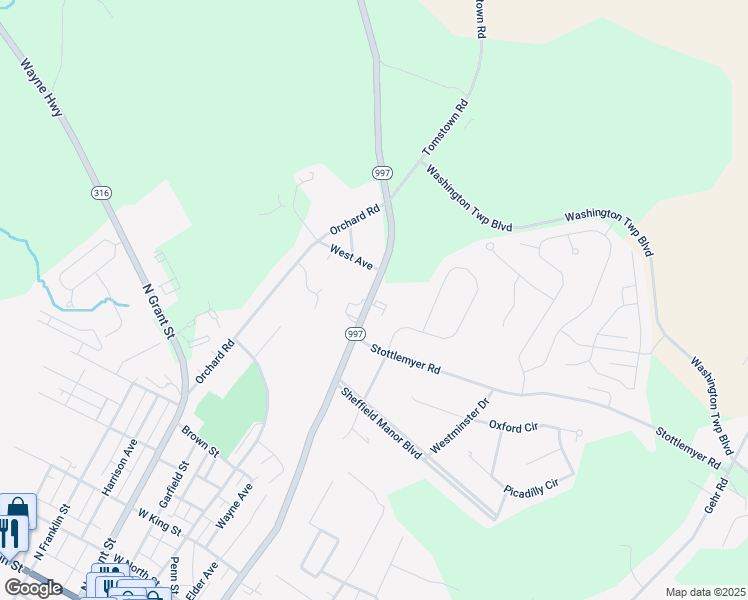 map of restaurants, bars, coffee shops, grocery stores, and more near 11354 Anthony Highway in Waynesboro