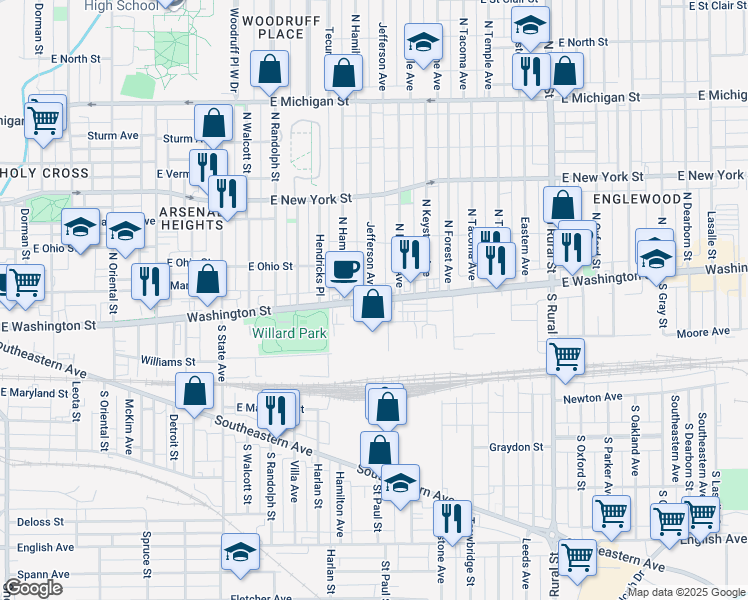 map of restaurants, bars, coffee shops, grocery stores, and more near 2202 E Washington St in Indianapolis