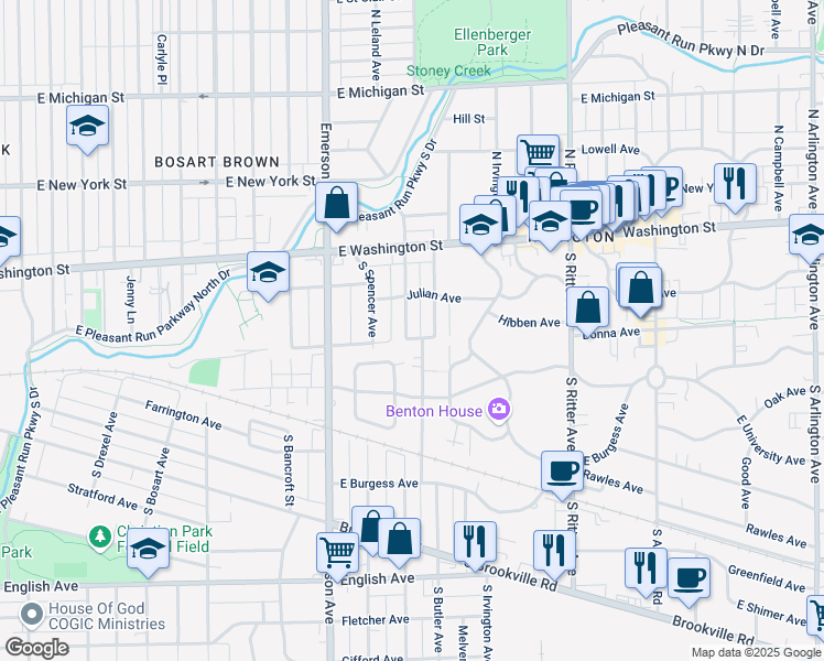 map of restaurants, bars, coffee shops, grocery stores, and more near 132 South Butler Avenue in Indianapolis