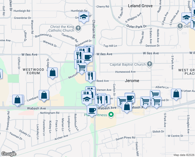 map of restaurants, bars, coffee shops, grocery stores, and more near 1837 Reed Avenue in Springfield