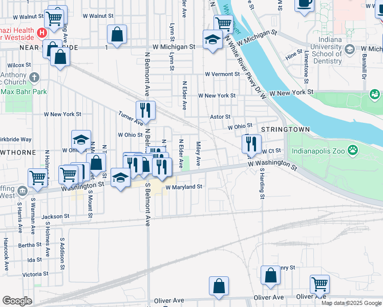 map of restaurants, bars, coffee shops, grocery stores, and more near 38 Miley Avenue in Indianapolis