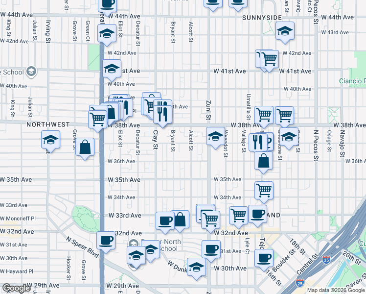 map of restaurants, bars, coffee shops, grocery stores, and more near 2530 West 37th Avenue in Denver