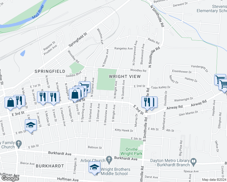 map of restaurants, bars, coffee shops, grocery stores, and more near 39 North Wright Avenue in Dayton