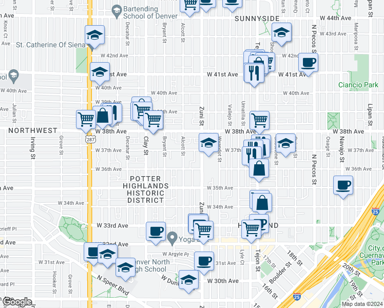 map of restaurants, bars, coffee shops, grocery stores, and more near 2432 West 37th Avenue in Denver
