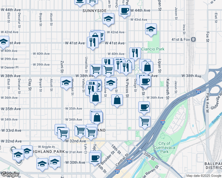 map of restaurants, bars, coffee shops, grocery stores, and more near 1700 West 37th Avenue in Denver
