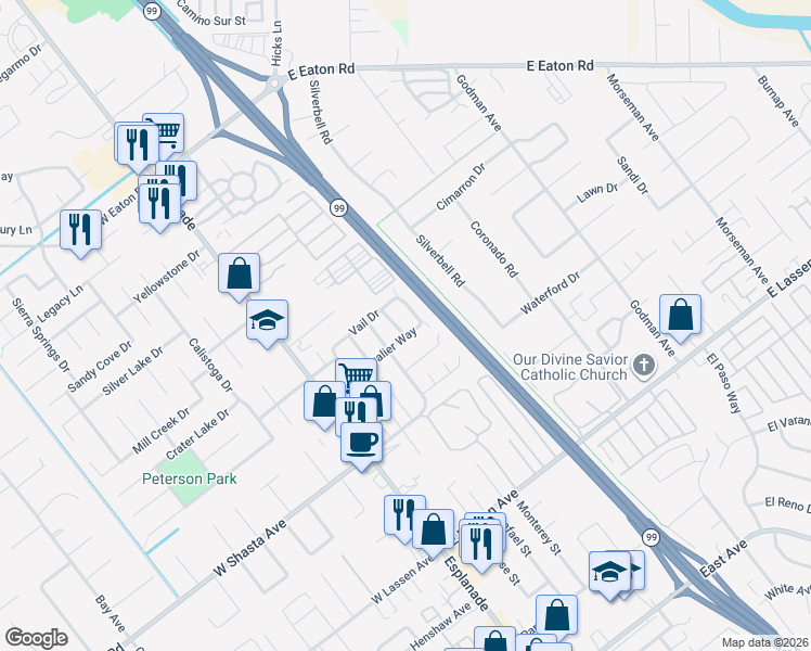 map of restaurants, bars, coffee shops, grocery stores, and more near 3072 Whistler Way in Chico