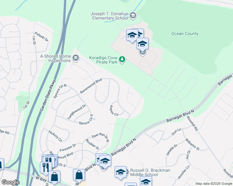 map of restaurants, bars, coffee shops, grocery stores, and more near 27 Ravenwood Boulevard in Barnegat Township