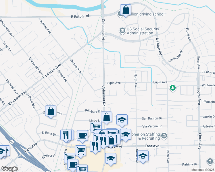 map of restaurants, bars, coffee shops, grocery stores, and more near 953 Lupin Avenue in Chico