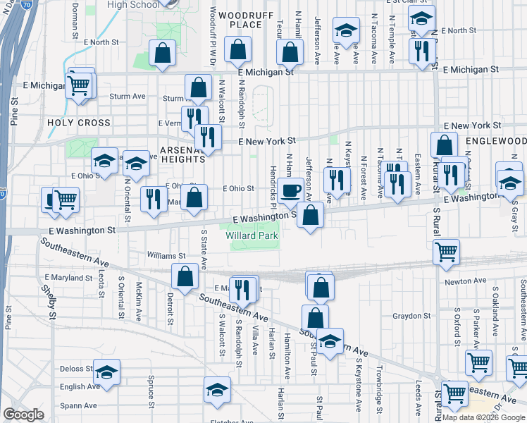 map of restaurants, bars, coffee shops, grocery stores, and more near in Indianapolis