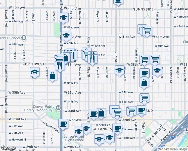 map of restaurants, bars, coffee shops, grocery stores, and more near 2626 West 37th Avenue in Denver