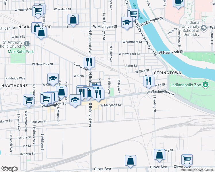 map of restaurants, bars, coffee shops, grocery stores, and more near 50 North Elder Avenue in Indianapolis