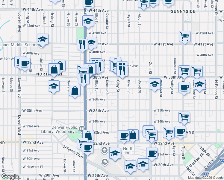 map of restaurants, bars, coffee shops, grocery stores, and more near 2714 West 37th Avenue in Denver