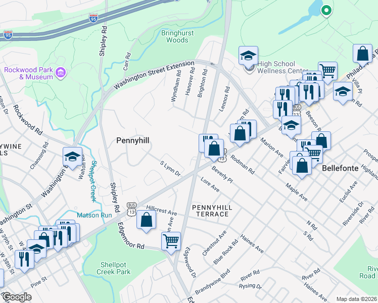 map of restaurants, bars, coffee shops, grocery stores, and more near 408 Marsh Road in Wilmington