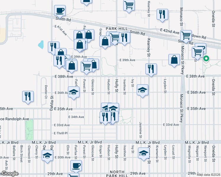 map of restaurants, bars, coffee shops, grocery stores, and more near 3630 Hudson Street in Denver