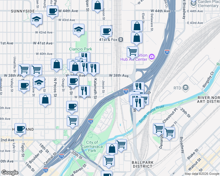 map of restaurants, bars, coffee shops, grocery stores, and more near 3655 Inca Street in Denver