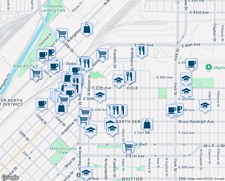 map of restaurants, bars, coffee shops, grocery stores, and more near 3653 Franklin Street in Denver