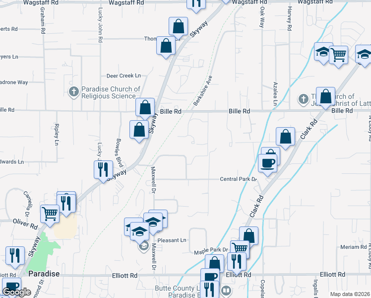 map of restaurants, bars, coffee shops, grocery stores, and more near 6159 Greenwood Drive in Paradise