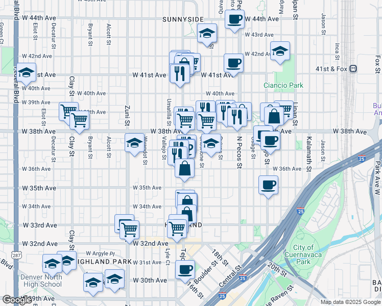 map of restaurants, bars, coffee shops, grocery stores, and more near 1934 West 37th Avenue in Denver