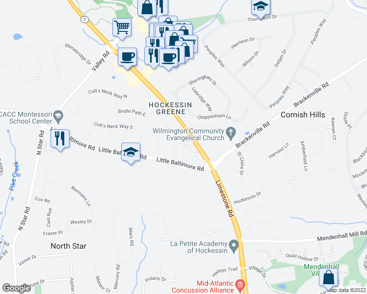 map of restaurants, bars, coffee shops, grocery stores, and more near 136 Farm Meadows Lane in Hockessin