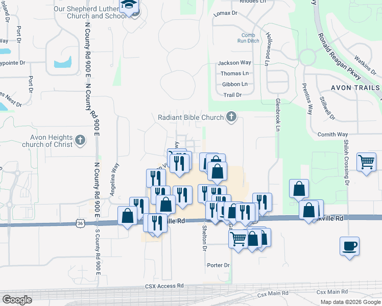 map of restaurants, bars, coffee shops, grocery stores, and more near Enclave Drive in Avon