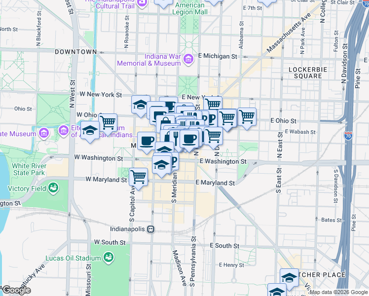 map of restaurants, bars, coffee shops, grocery stores, and more near 1 Monument Circle in Indianapolis