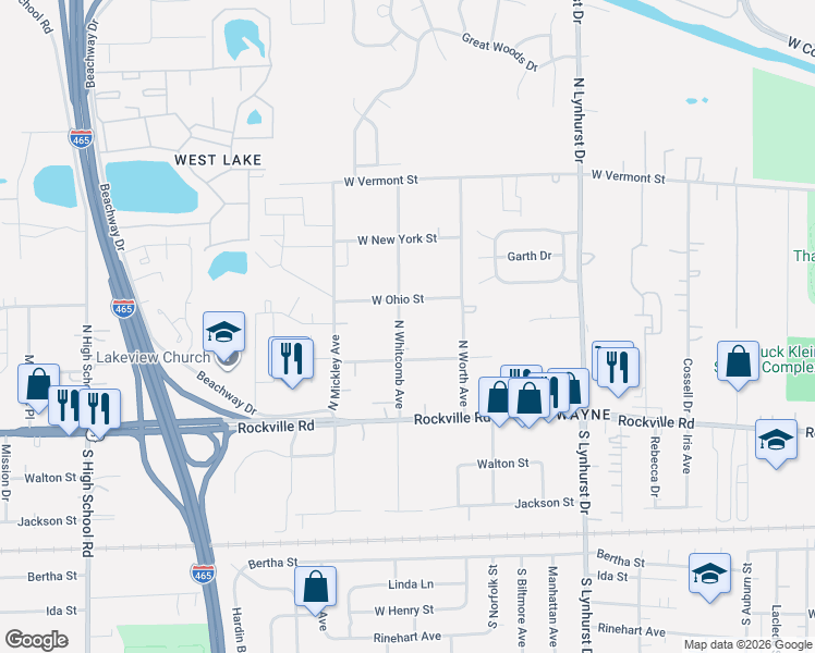 map of restaurants, bars, coffee shops, grocery stores, and more near 159 North Whitcomb Avenue in Indianapolis
