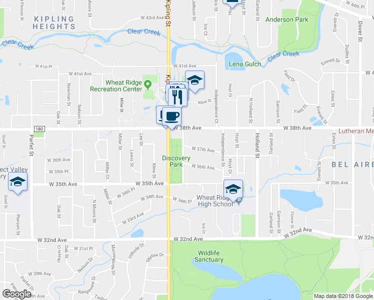 map of restaurants, bars, coffee shops, grocery stores, and more near 9870 West 37th Avenue in Wheat Ridge