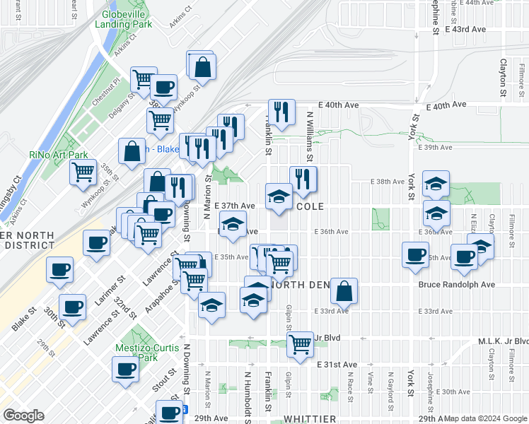 map of restaurants, bars, coffee shops, grocery stores, and more near 3653 Franklin Street in Denver