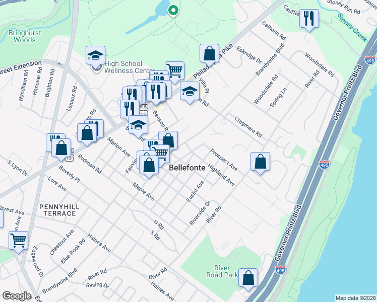 map of restaurants, bars, coffee shops, grocery stores, and more near 1205 Rosedale Avenue in Wilmington