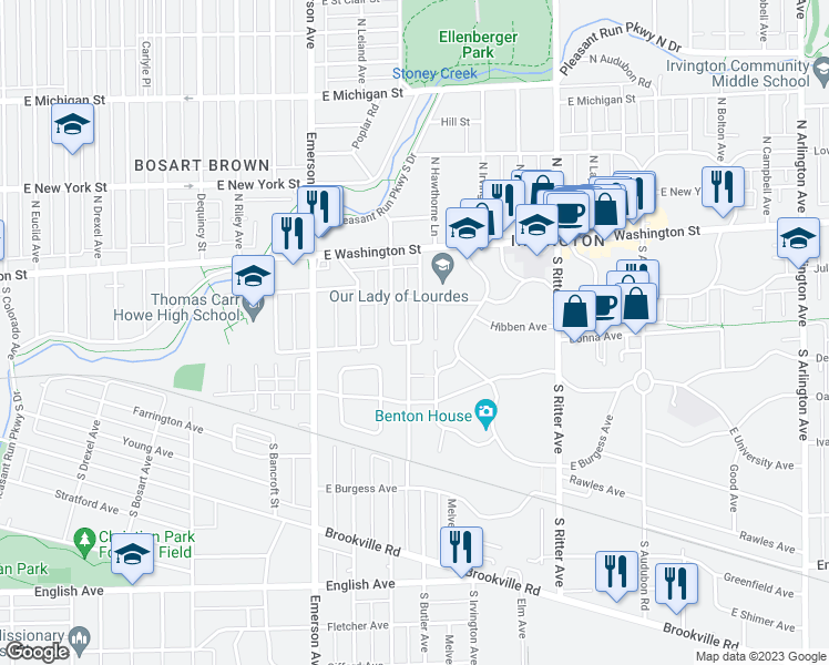 map of restaurants, bars, coffee shops, grocery stores, and more near 136 South Hawthorne Lane in Indianapolis
