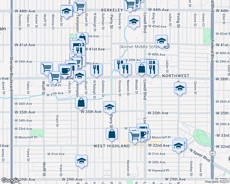 map of restaurants, bars, coffee shops, grocery stores, and more near 3925 West 37th Avenue in Denver