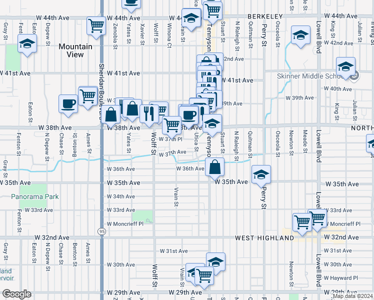map of restaurants, bars, coffee shops, grocery stores, and more near 4655 West 37th Place in Denver
