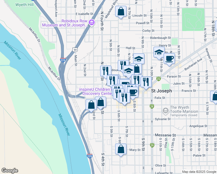 map of restaurants, bars, coffee shops, grocery stores, and more near 215 North 5th Street in Wathena