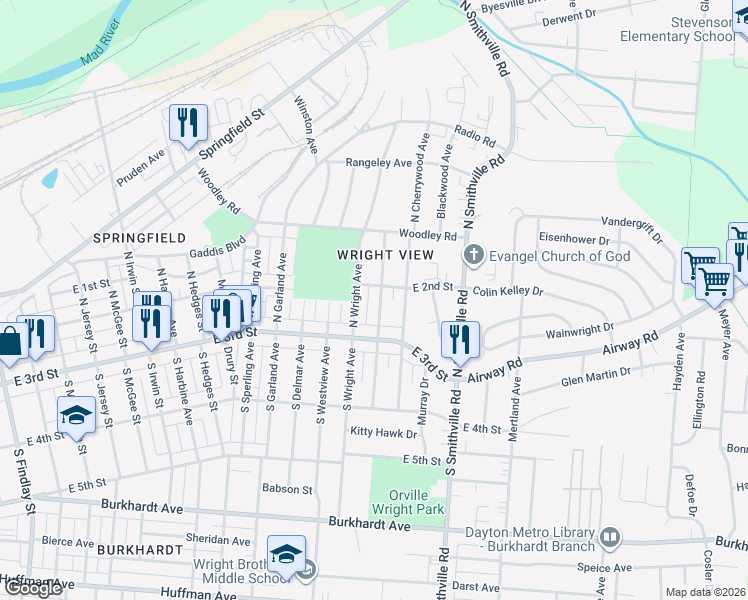 map of restaurants, bars, coffee shops, grocery stores, and more near 52 North Quentin Avenue in Dayton
