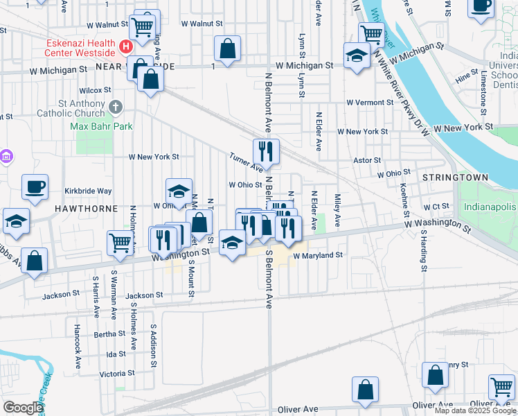 map of restaurants, bars, coffee shops, grocery stores, and more near 110 South Belmont Avenue in Indianapolis