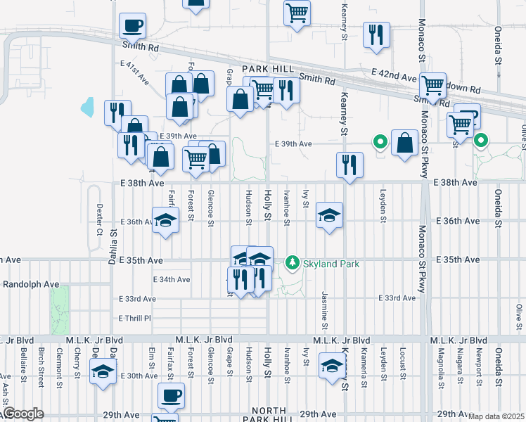 map of restaurants, bars, coffee shops, grocery stores, and more near 3630 Holly Street in Denver