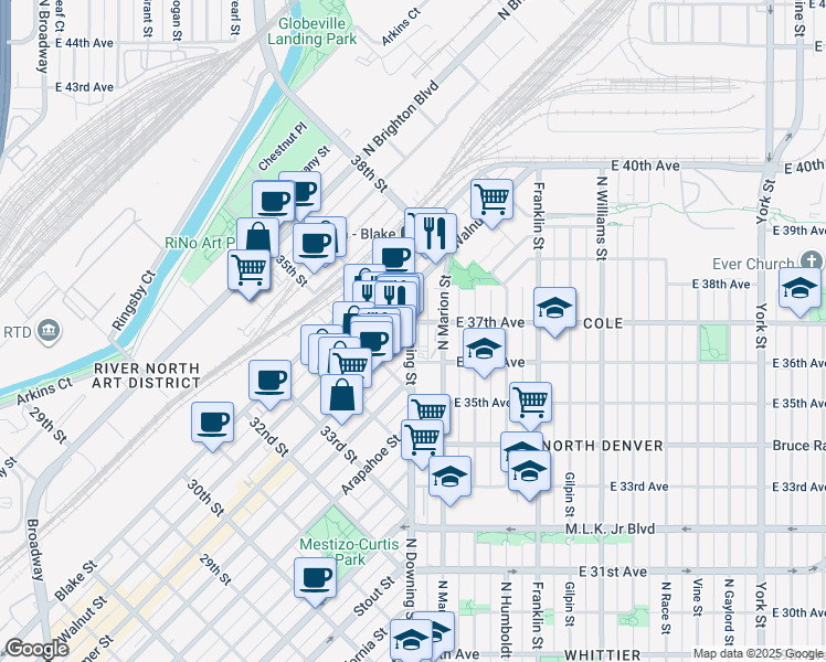 map of restaurants, bars, coffee shops, grocery stores, and more near in Denver