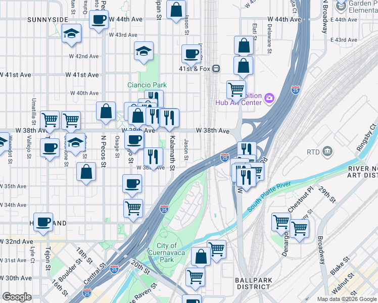 map of restaurants, bars, coffee shops, grocery stores, and more near 3655 Inca Street in Denver