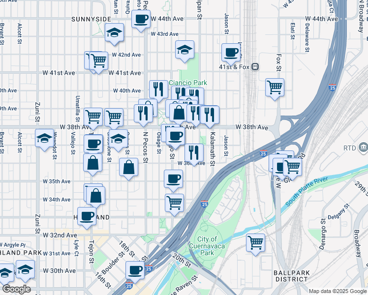 map of restaurants, bars, coffee shops, grocery stores, and more near 1400 West 37th Avenue in Denver