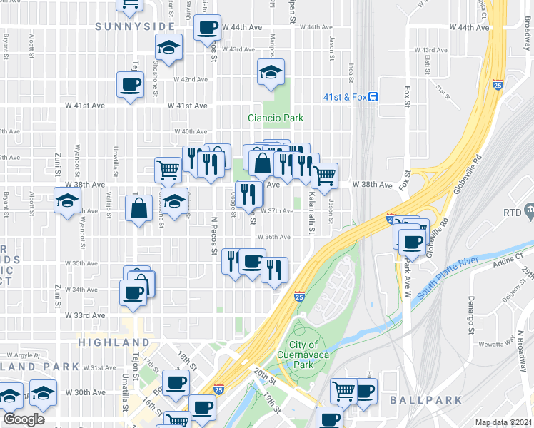 map of restaurants, bars, coffee shops, grocery stores, and more near 1400 West 37th Avenue in Denver