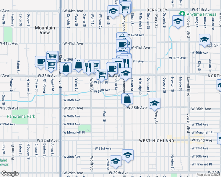 map of restaurants, bars, coffee shops, grocery stores, and more near 4655 West 37th Place in Denver