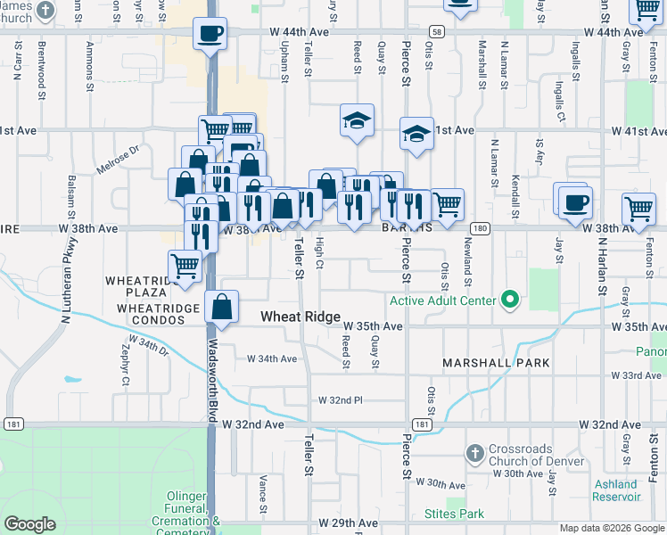 map of restaurants, bars, coffee shops, grocery stores, and more near 3697 Reed Street in Wheat Ridge