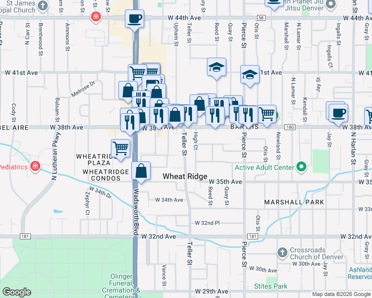 map of restaurants, bars, coffee shops, grocery stores, and more near 3651 High Court in Wheat Ridge