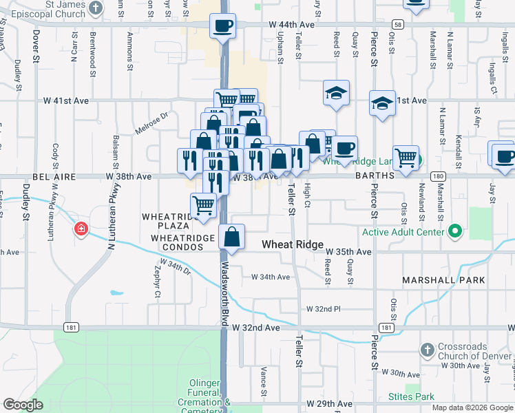 map of restaurants, bars, coffee shops, grocery stores, and more near 3726 Vance Street in Wheat Ridge