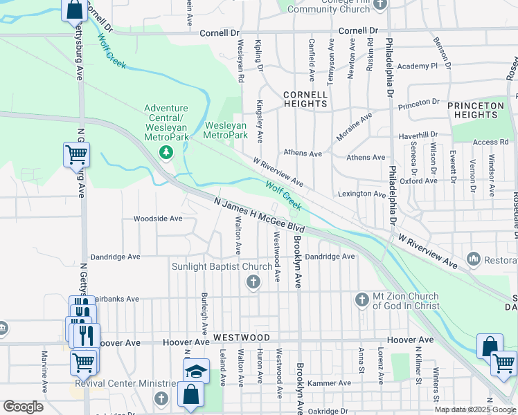 map of restaurants, bars, coffee shops, grocery stores, and more near 1712 North James H McGee Boulevard in Dayton