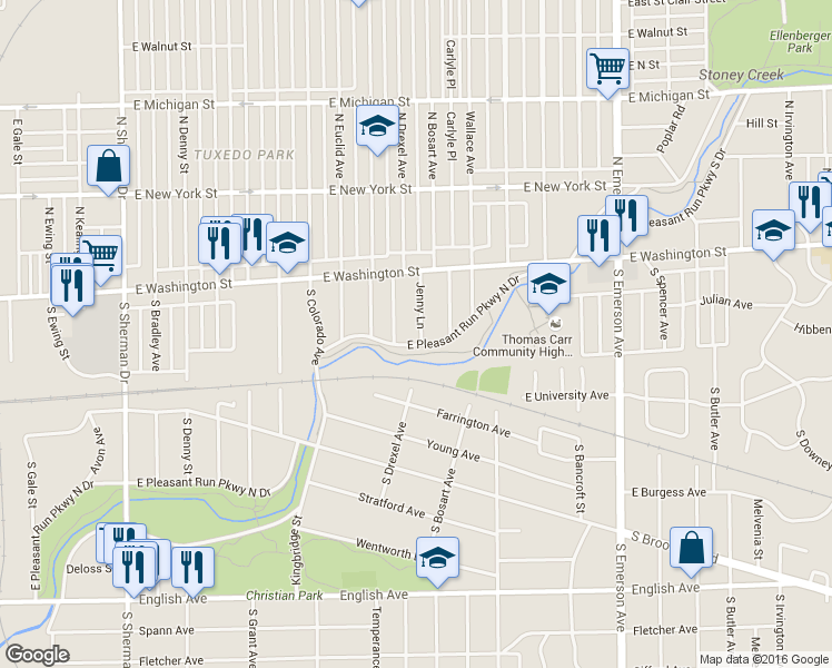 map of restaurants, bars, coffee shops, grocery stores, and more near 4642 East Pleasant Run Parkway North Drive in Indianapolis