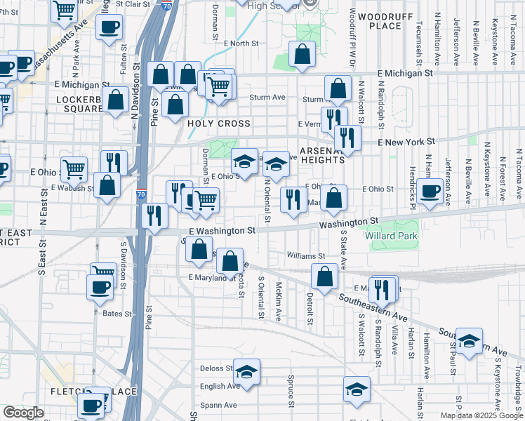 map of restaurants, bars, coffee shops, grocery stores, and more near 1326 East Market Street in Indianapolis