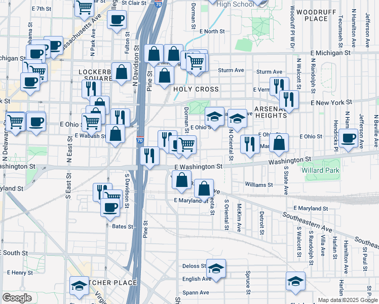 map of restaurants, bars, coffee shops, grocery stores, and more near 1117 East Market Street in Indianapolis